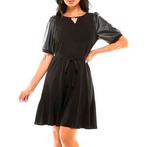 ADRIENNE VITTADINI Women's Black Puff Sleeve Faux Leather Swing Dress Large NWOT